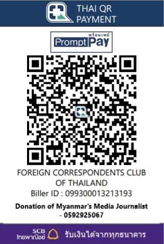Thai QR PromptPay code for donations to Myanmar’s media journalists via the Foreign Correspondents’ Club of Thailand, biller ID 099300013213193, account 0592925067